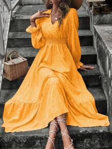 SHEIN VCAY Đầm Xù Viên lá sen Dải chun Họa tiết hoa Boho - Màu vàng - Xem 1