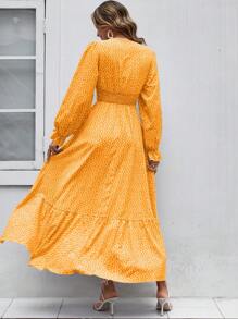 SHEIN VCAY Đầm Xù Viên lá sen Dải chun Họa tiết hoa Boho - Màu vàng - Xem 2