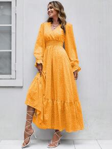 SHEIN VCAY Đầm Xù Viên lá sen Dải chun Họa tiết hoa Boho - Màu vàng - Xem 3