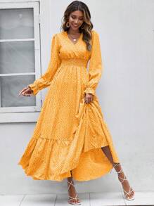 SHEIN VCAY Đầm Xù Viên lá sen Dải chun Họa tiết hoa Boho - Màu vàng - Xem 4
