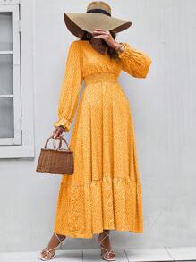 SHEIN VCAY Đầm Xù Viên lá sen Dải chun Họa tiết hoa Boho - Màu vàng - Xem 5