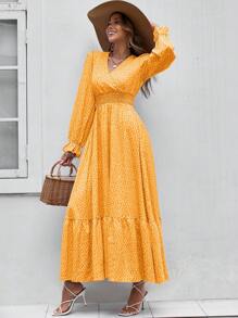 SHEIN VCAY Đầm Xù Viên lá sen Dải chun Họa tiết hoa Boho - Màu vàng - Xem 6