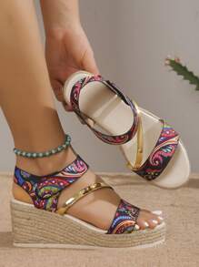 女性佩斯利印花編織踝帶坡跟度假夏天涼鞋 - 彩色 - 查看 1