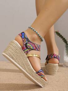 女性佩斯利印花編織踝帶坡跟度假夏天涼鞋 - 彩色 - 查看 2