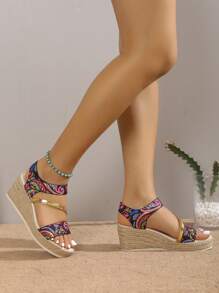 女性佩斯利印花編織踝帶坡跟度假夏天涼鞋 - 彩色 - 查看 4