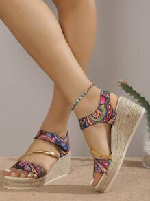 女性佩斯利印花編織踝帶坡跟度假夏天涼鞋 - 彩色 - 查看 5