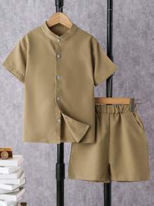 SHEIN Boys Solid Button Front Shirt & Shorts - Khaki - View 1