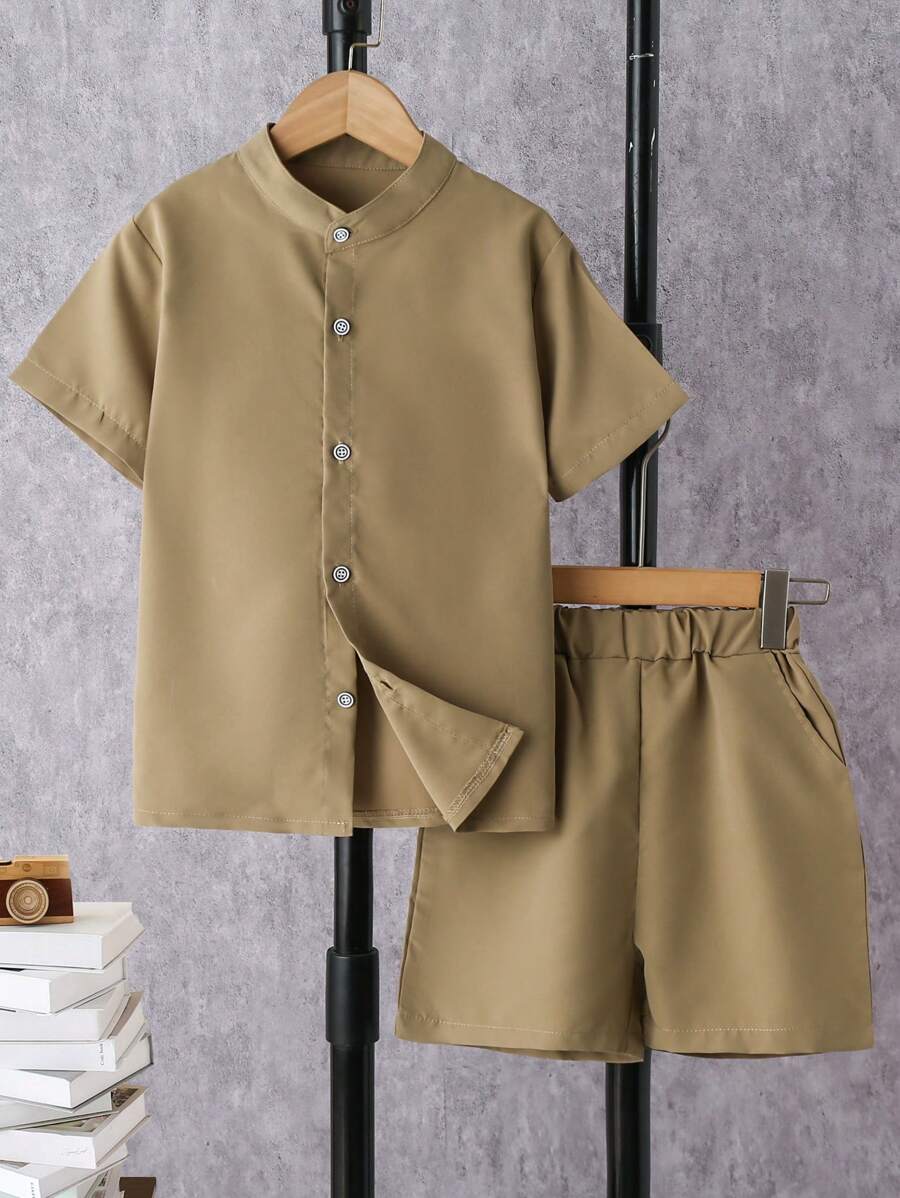 SHEIN Boys Solid Button Front Shirt & Shorts - Khaki - View 1