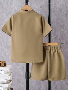 SHEIN Boys Solid Button Front Shirt & Shorts - Khaki - View 2