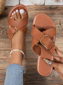 Xăng đan nữ có khóa trang trí quai chéo, Xăng đan đế bằng thời trang mùa hè - màu nâu - Xem 1