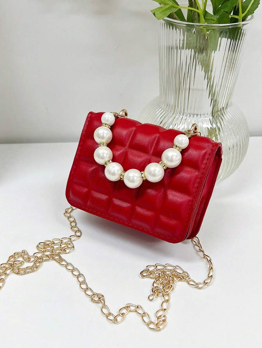 Mini Magnet Square Bag Faux Pearl & Rhinestone Decor Chain - Red - View 1