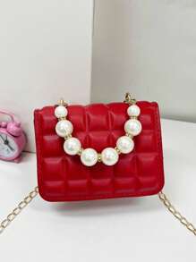 Mini Magnet Square Bag Faux Pearl & Rhinestone Decor Chain - Red - View 2