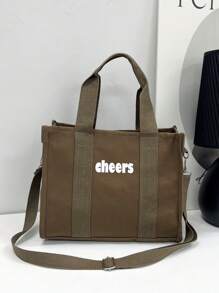 Túi tote đeo vai có dây kéo Letter Graphic Dây đeo có thể điều chỉnh dung lượng cao - màu nâu - Xem 1