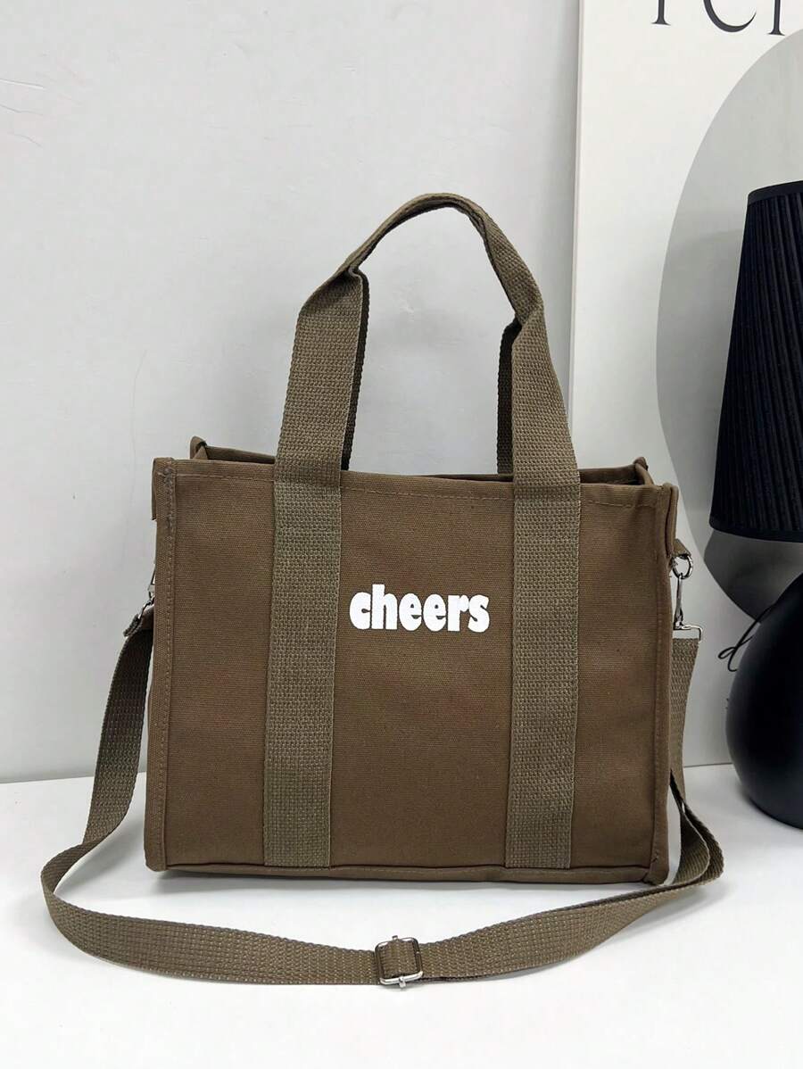 Túi tote đeo vai có dây kéo Letter Graphic Dây đeo có thể điều chỉnh dung lượng cao - màu nâu - Xem 1