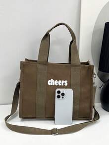 Túi tote đeo vai có dây kéo Letter Graphic Dây đeo có thể điều chỉnh dung lượng cao - màu nâu - Xem 5