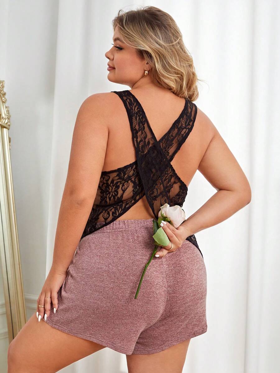 Plus Contrast Lace Tank Top & Shorts PJ Set - Multicolor - View 1