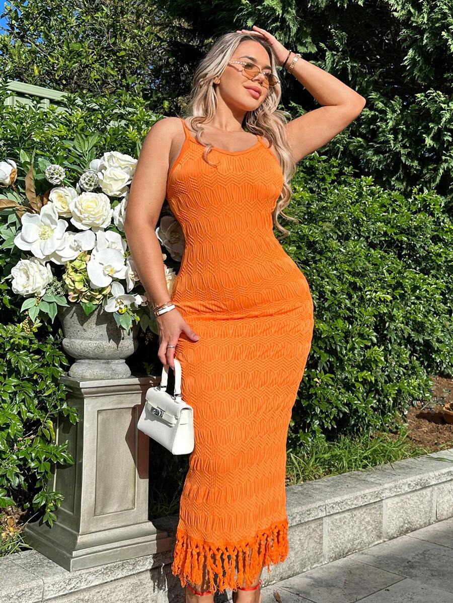 SHEIN SXY Fringe Hem Cami Bodycon Dress - Orange - View 1