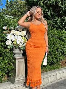 SHEIN SXY Fringe Hem Cami Bodycon Dress - Orange - View 3