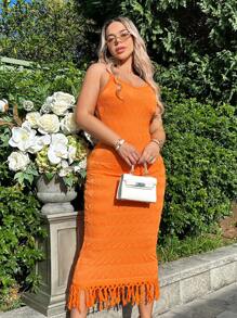SHEIN SXY Fringe Hem Cami Bodycon Dress - Orange - View 4
