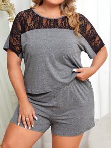 Plus Contrast Lace PJ Set - Grey - View 1