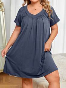 Đầm mặc nhà Kích Thước Lớn Xếp li màu trơn - Màu xanh bụi bặm - Xem 1