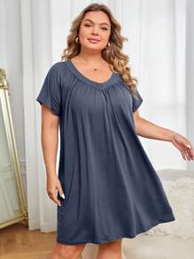 Đầm mặc nhà Kích Thước Lớn Xếp li màu trơn - Màu xanh bụi bặm - Xem 3