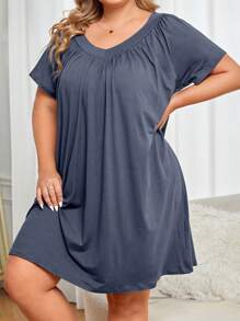 Đầm mặc nhà Kích Thước Lớn Xếp li màu trơn - Màu xanh bụi bặm - Xem 4