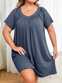 Đầm mặc nhà Kích Thước Lớn Xếp li màu trơn - Màu xanh bụi bặm - Xem 5