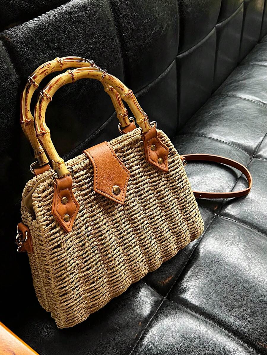 Kỳ nghỉ túi rơm tay cầm bằng tre - Màu Khaki - Xem 1