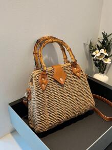 Kỳ nghỉ túi rơm tay cầm bằng tre - Màu Khaki - Xem 2