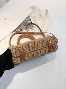 Kỳ nghỉ túi rơm tay cầm bằng tre - Màu Khaki - Xem 4