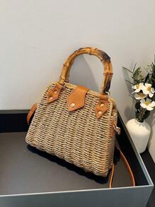 Kỳ nghỉ túi rơm tay cầm bằng tre - Màu Khaki - Xem 5