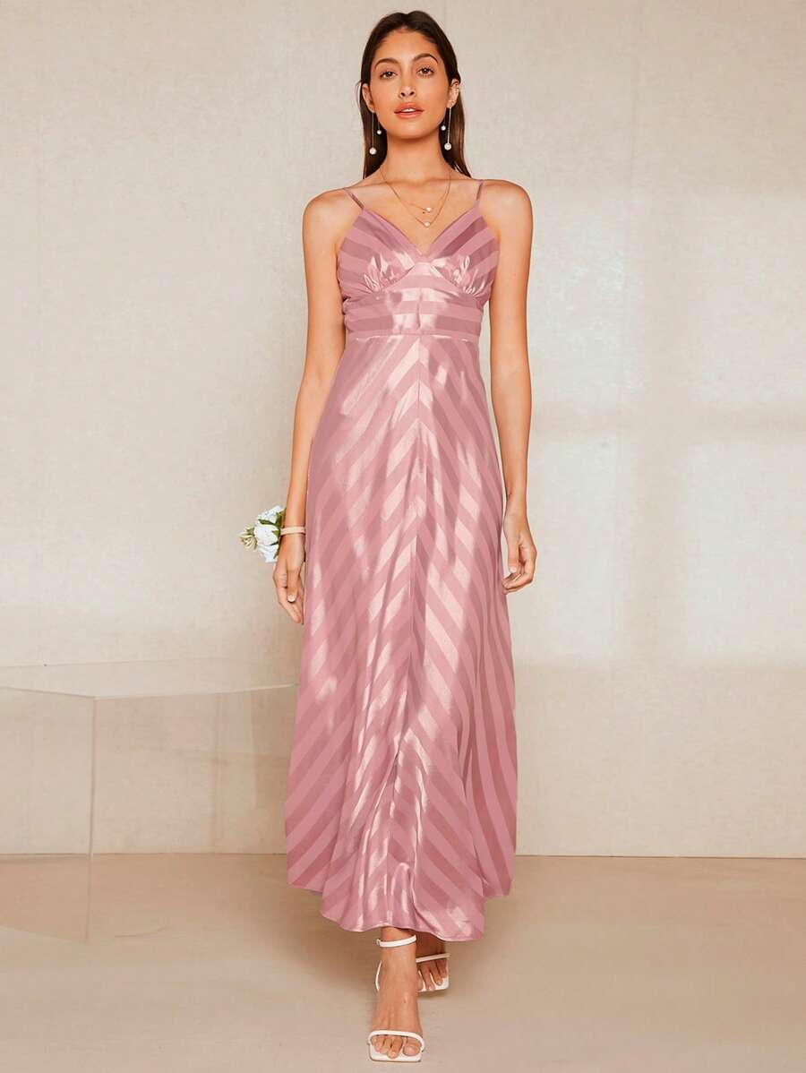 SHEIN Belle 條紋印花吊帶裙伴娘禮服 - 藕粉色 - 查看 1