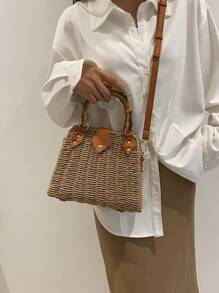 Kỳ nghỉ túi rơm tay cầm bằng tre - Màu Khaki - Xem 7