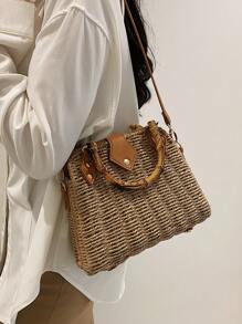 Kỳ nghỉ túi rơm tay cầm bằng tre - Màu Khaki - Xem 8