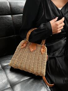 Kỳ nghỉ túi rơm tay cầm bằng tre - Màu Khaki - Xem 9