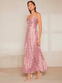 SHEIN Belle 條紋印花吊帶裙伴娘禮服 - 藕粉色 - 查看 4