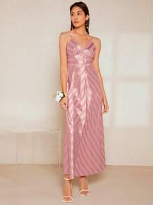 SHEIN Belle 條紋印花吊帶裙伴娘禮服 - 藕粉色 - 查看 6