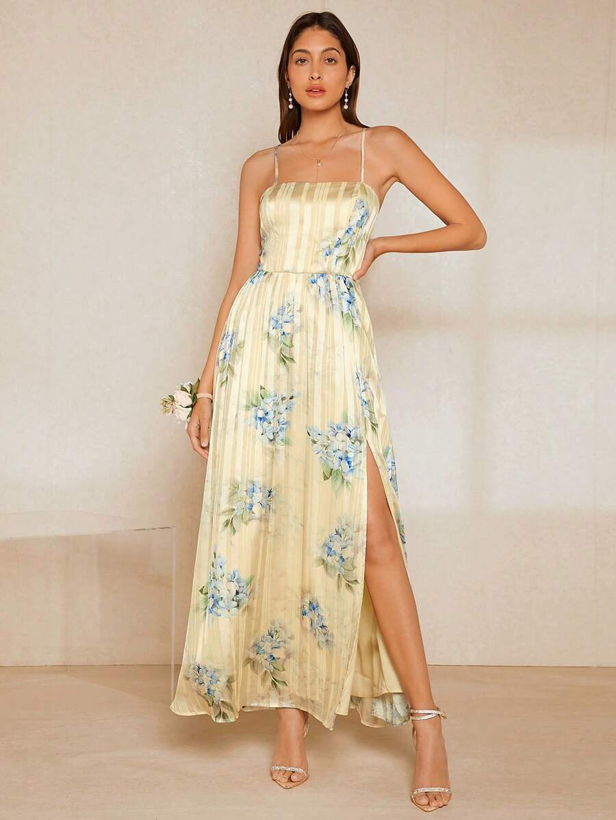 SHEIN Belle 印花高衩吊帶裙伴娘禮服