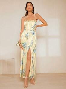 SHEIN Belle 印花高衩吊帶裙伴娘禮服