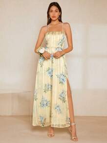 SHEIN Belle 印花高衩吊帶裙伴娘禮服