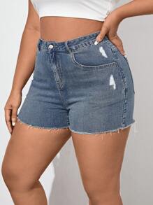 Plus Ripped Raw Cut Denim Shorts