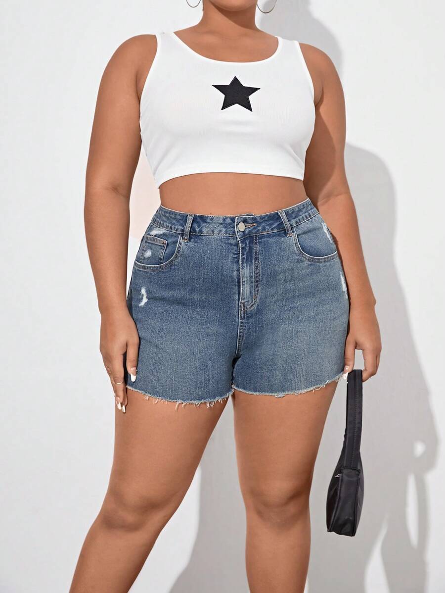 Plus Ripped Raw Cut Denim Shorts