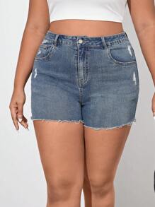 Plus Ripped Raw Cut Denim Shorts