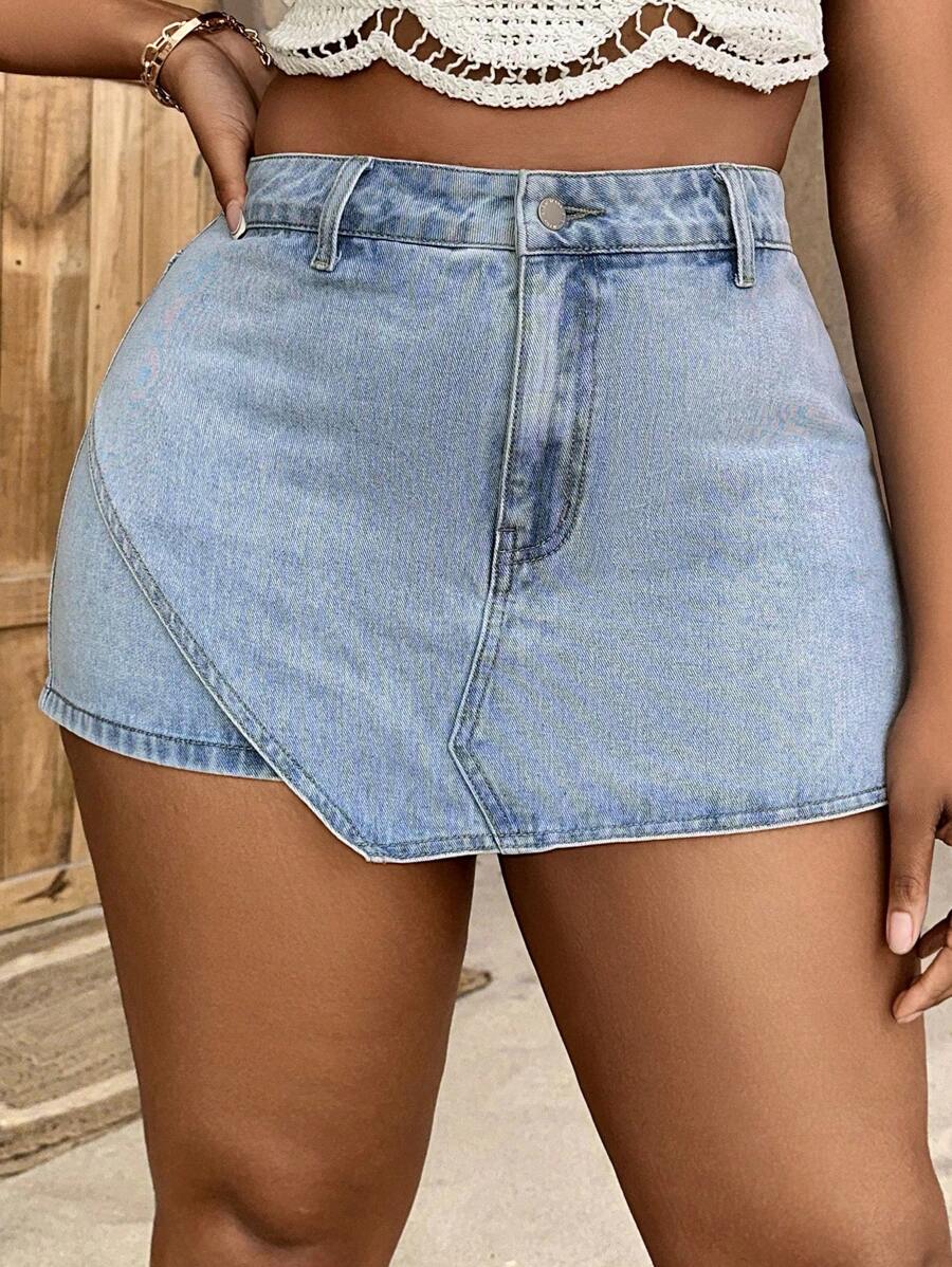 SHEIN SXY 大碼高腰牛仔裙褲 - 淺色水洗藍 - 查看 1