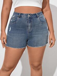 Plus Ripped Raw Cut Denim Shorts