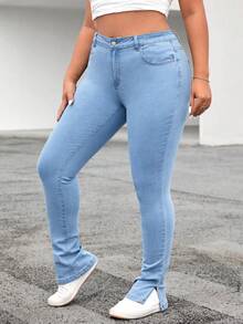 SHEIN EZwear Jeans ajustados bajo con abertura - Lavado ligero - Ver 4