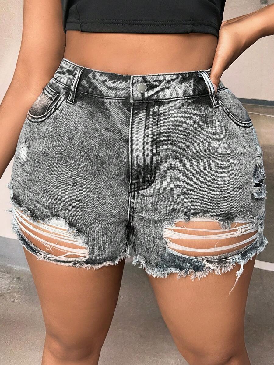 SHEIN SXY Plus Ripped Raw Hem Denim Shorts - Grey - View 1