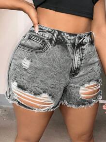 SHEIN SXY Plus Ripped Raw Hem Denim Shorts - Grey - View 3