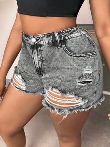 SHEIN SXY Plus Ripped Raw Hem Denim Shorts - Grey - View 4